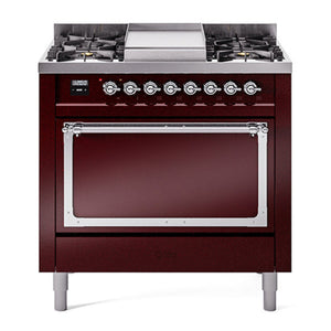 ILVE Nostalgie II 36-Inch Dual Fuel Range with 6 Sealed Burners + Griddle, 3.5 cu. ft. Oven, Burgundy with Chrome Trim, Natural Gas, Solid Door, UN36FQNMPBUC