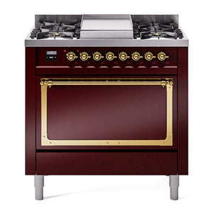 ILVE Nostalgie II 36-Inch Dual Fuel Range with 6 Sealed Burners + Griddle, 3.5 cu. ft. Oven, Burgundy with Brass Trim, Natural Gas, Solid Door, UN36FQNMPBUG