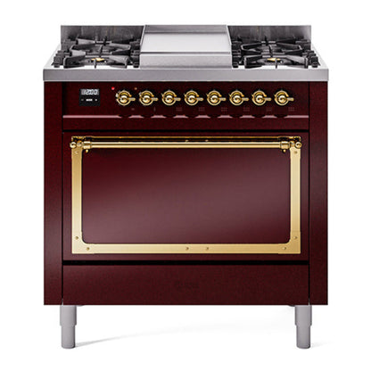 ILVE Nostalgie II 36-Inch Dual Fuel Range with 6 Sealed Burners + Griddle, 3.5 cu. ft. Oven, Burgundy with Brass Trim, Natural Gas, Solid Door, UN36FQNMPBUG