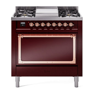 ILVE Nostalgie II 36-Inch Dual Fuel Range with 6 Sealed Burners + Griddle, 3.5 cu. ft. Oven, Burgundy with Copper Trim, Liquid Propane, Solid Door, UN36FQNMPBUPLP