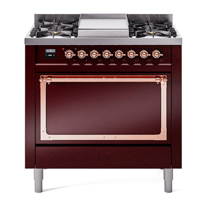 ILVE Nostalgie II 36-Inch Dual Fuel Range with 6 Sealed Burners + Griddle, 3.5 cu. ft. Oven, Burgundy with Copper Trim, Natural Gas, Solid Door, UN36FQNMPBUP