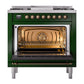 ILVE Nostalgie II 36-Inch Dual Fuel Range with 6 Sealed Burners + Griddle, 3.5 cu. ft. Oven, Emerald Green with Burnished Trim, Liquid Propane, Solid Door, UN36FQNMPEGBLP