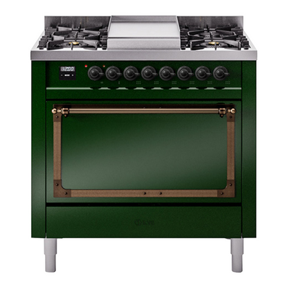ILVE Nostalgie II 36-Inch Dual Fuel Range with 6 Sealed Burners + Griddle, 3.5 cu. ft. Oven, Emerald Green with Burnished Trim, Liquid Propane, Solid Door, UN36FQNMPEGBLP