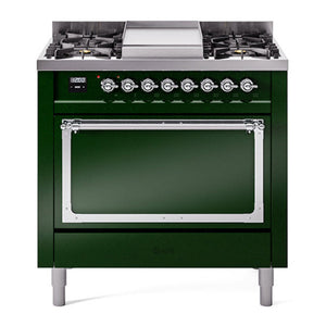 ILVE Nostalgie II 36-Inch Dual Fuel Range with 6 Sealed Burners + Griddle, 3.5 cu. ft. Oven, Emerald Green with Chrome Trim, Liquid Propane, Solid Door, UN36FQNMPEGCLP