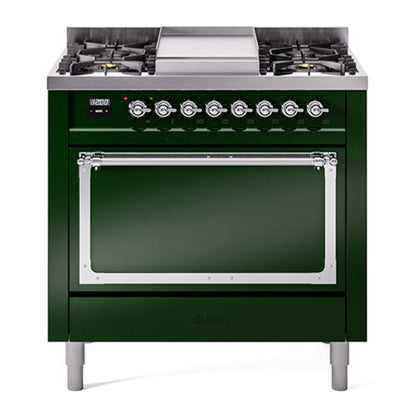 ILVE Nostalgie II 36-Inch Dual Fuel Range with 6 Sealed Burners + Griddle, 3.5 cu. ft. Oven, Emerald Green with Chrome Trim, Liquid Propane, Solid Door, UN36FQNMPEGCLP