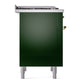 ILVE Nostalgie II 36-Inch Dual Fuel Range with 6 Sealed Burners + Griddle, 3.5 cu. ft. Oven, Emerald Green with Brass Trim, Natural Gas, Solid Door, UN36FQNMPEGG