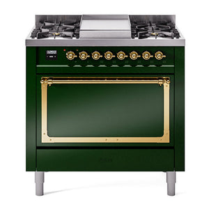 ILVE Nostalgie II 36-Inch Dual Fuel Range with 6 Sealed Burners + Griddle, 3.5 cu. ft. Oven, Emerald Green with Brass Trim, Natural Gas, Solid Door, UN36FQNMPEGG
