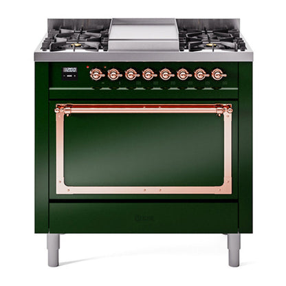 ILVE Nostalgie II 36-Inch Dual Fuel Range with 6 Sealed Burners + Griddle, 3.5 cu. ft. Oven, Emerald Green with Copper Trim, Liquid Propane, Solid Door, UN36FQNMPEGPLP