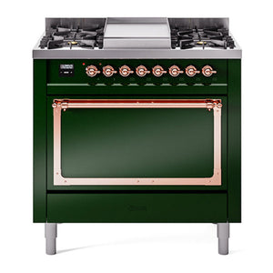 ILVE Nostalgie II 36-Inch Dual Fuel Range with 6 Sealed Burners + Griddle, 3.5 cu. ft. Oven, Emerald Green with Copper Trim, Natural Gas, Solid Door, UN36FQNMPEGP