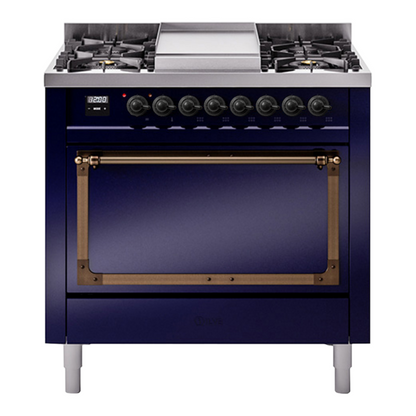 ILVE Nostalgie II 36-Inch Dual Fuel Range with 6 Sealed Burners + Griddle, 3.5 cu. ft. Oven, Midnight Blue with Burnished Trim, Liquid Propane, Solid Door, UN36FQNMPMBBLP