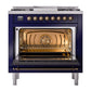 ILVE Nostalgie II 36-Inch Dual Fuel Range with 6 Sealed Burners + Griddle, 3.5 cu. ft. Oven, Midnight Blue with Burnished Trim, Natural Gas, Solid Door, UN36FQNMPMBB