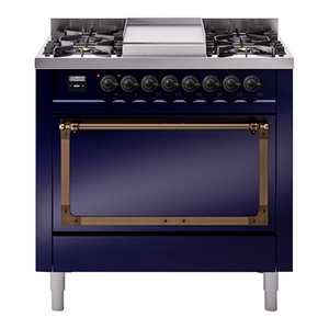 ILVE Nostalgie II 36-Inch Dual Fuel Range with 6 Sealed Burners + Griddle, 3.5 cu. ft. Oven, Midnight Blue with Burnished Trim, Natural Gas, Solid Door, UN36FQNMPMBB