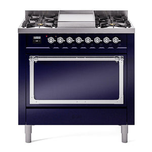 ILVE Nostalgie II 36-Inch Dual Fuel Range with 6 Sealed Burners + Griddle, 3.5 cu. ft. Oven, Midnight Blue with Chrome Trim, Liquid Propane, Solid Door, UN36FQNMPMBCLP