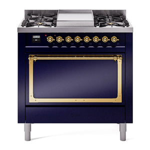 ILVE Nostalgie II 36-Inch Dual Fuel Range with 6 Sealed Burners + Griddle, 3.5 cu. ft. Oven, Midnight Blue with Brass Trim, Natural Gas, Solid Door, UN36FQNMPMBG