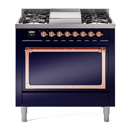 ILVE Nostalgie II 36-Inch Dual Fuel Range with 6 Sealed Burners + Griddle, 3.5 cu. ft. Oven, Midnight Blue with Copper Trim, Liquid Propane, Solid Door, UN36FQNMPMBPLP