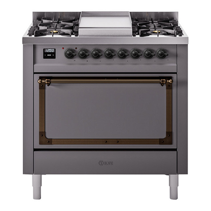 ILVE Nostalgie II 36-Inch Dual Fuel Range with 6 Sealed Burners + Griddle, 3.5 cu. ft. Oven, Graphite Matte with Burnished Trim, Natural Gas, Solid Door, UN36FQNMPMGB