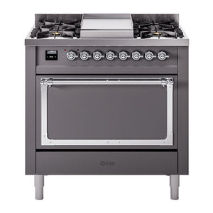 ILVE Nostalgie II 36-Inch Dual Fuel Range with 6 Sealed Burners + Griddle, 3.5 cu. ft. Oven, Graphite Matte with Chrome Trim, Liquid Propane, Solid Door, UN36FQNMPMGCLP