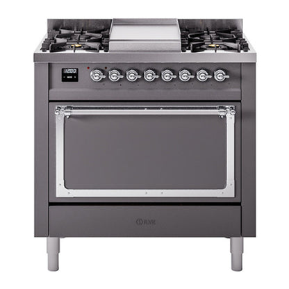 ILVE Nostalgie II 36-Inch Dual Fuel Range with 6 Sealed Burners + Griddle, 3.5 cu. ft. Oven, Graphite Matte with Chrome Trim, Natural Gas, Solid Door, UN36FQNMPMGC