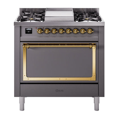 ILVE Nostalgie II 36-Inch Dual Fuel Range with 6 Sealed Burners + Griddle, 3.5 cu. ft. Oven, Graphite Matte with Brass Trim, Natural Gas, Solid Door, UN36FQNMPMGG
