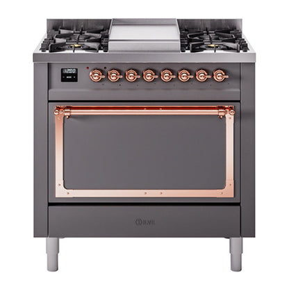 ILVE Nostalgie II 36-Inch Dual Fuel Range with 6 Sealed Burners + Griddle, 3.5 cu. ft. Oven, Graphite Matte with Copper Trim, Liquid Propane, Solid Door, UN36FQNMPMGPLP