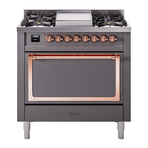 ILVE Nostalgie II 36-Inch Dual Fuel Range with 6 Sealed Burners + Griddle, 3.5 cu. ft. Oven, Graphite Matte with Copper Trim, Natural Gas, Solid Door, UN36FQNMPMGP
