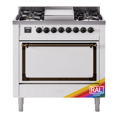 ILVE Nostalgie II 36-Inch Dual Fuel Range with 6 Sealed Burners + Griddle, 3.5 cu. ft. Oven, RAL with Burnished Trim, Natural Gas, Solid Door, UN36FQNMPRAB