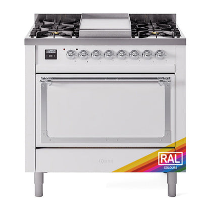 ILVE Nostalgie II 36-Inch Dual Fuel Range with 6 Sealed Burners + Griddle, 3.5 cu. ft. Oven, RAL with Chrome Trim, Liquid Propane, Solid Door, UN36FQNMPRACLP