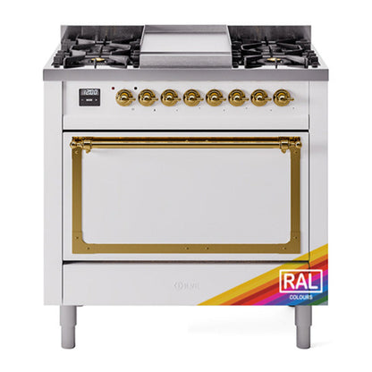 ILVE Nostalgie II 36-Inch Dual Fuel Range with 6 Sealed Burners + Griddle, 3.5 cu. ft. Oven, RAL with Brass Trim, Liquid Propane, Solid Door, UN36FQNMPRAGLP