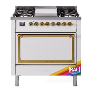 ILVE Nostalgie II 36-Inch Dual Fuel Range with 6 Sealed Burners + Griddle, 3.5 cu. ft. Oven, RAL with Brass Trim, Natural Gas, Solid Door, UN36FQNMPRAG