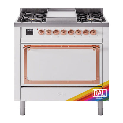 ILVE Nostalgie II 36-Inch Dual Fuel Range with 6 Sealed Burners + Griddle, 3.5 cu. ft. Oven, RAL with Copper Trim, Liquid Propane, Solid Door, UN36FQNMPRAPLP