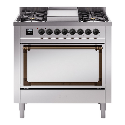 ILVE Nostalgie II 36-Inch Dual Fuel Range with 6 Sealed Burners + Griddle, 3.5 cu. ft. Oven, Stainless Steel with Burnished Trim, Liquid Propane, Solid Door, UN36FQNMPSSBLP