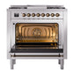 ILVE Nostalgie II 36-Inch Dual Fuel Range with 6 Sealed Burners + Griddle, 3.5 cu. ft. Oven, Stainless Steel with Burnished Trim, Natural Gas, Solid Door, UN36FQNMPSSB