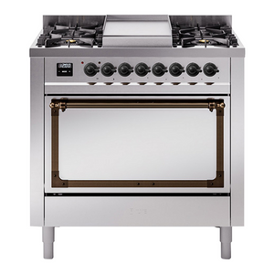 ILVE Nostalgie II 36-Inch Dual Fuel Range with 6 Sealed Burners + Griddle, 3.5 cu. ft. Oven, Stainless Steel with Burnished Trim, Natural Gas, Solid Door, UN36FQNMPSSB