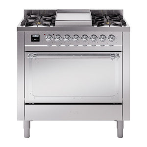 ILVE Nostalgie II 36-Inch Dual Fuel Range with 6 Sealed Burners + Griddle, 3.5 cu. ft. Oven, Stainless Steel with Chrome Trim, Natural Gas, Solid Door, UN36FQNMPSSC