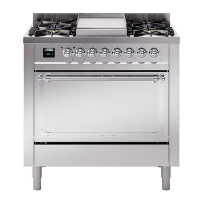 ILVE Nostalgie II 36-Inch Dual Fuel Range with 6 Sealed Burners + Griddle, 3.5 cu. ft. Oven, Stainless Steel with Chrome Trim, Natural Gas, Solid Door, UN36FQNMPSSC