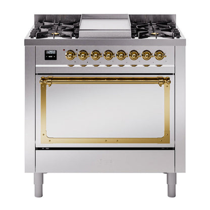 ILVE Nostalgie II 36-Inch Dual Fuel Range with 6 Sealed Burners + Griddle, 3.5 cu. ft. Oven, Stainless Steel with Brass Trim, Liquid Propane, Solid Door, UN36FQNMPSSGLP