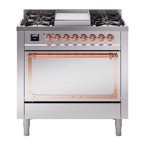 ILVE Nostalgie II 36-Inch Dual Fuel Range with 6 Sealed Burners + Griddle, 3.5 cu. ft. Oven, Stainless Steel with Copper Trim, Liquid Propane, Solid Door, UN36FQNMPSSPLP