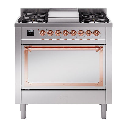 ILVE Nostalgie II 36-Inch Dual Fuel Range with 6 Sealed Burners + Griddle, 3.5 cu. ft. Oven, Stainless Steel with Copper Trim, Natural Gas, Solid Door, UN36FQNMPSSP