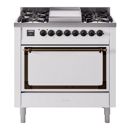 ILVE Nostalgie II 36-Inch Dual Fuel Range with 6 Sealed Burners + Griddle, 3.5 cu. ft. Oven, White with Burnished Trim, Liquid Propane, Solid Door, UN36FQNMPWHBLP