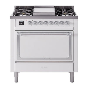 ILVE Nostalgie II 36-Inch Dual Fuel Range with 6 Sealed Burners + Griddle, 3.5 cu. ft. Oven, White with Chrome Trim, Natural Gas, Solid Door, UN36FQNMPWHC