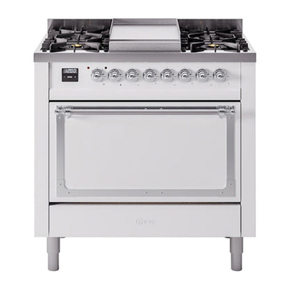 ILVE Nostalgie II 36-Inch Dual Fuel Range with 6 Sealed Burners + Griddle, 3.5 cu. ft. Oven, White with Chrome Trim, Natural Gas, Solid Door, UN36FQNMPWHC