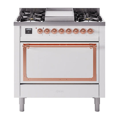 ILVE Nostalgie II 36-Inch Dual Fuel Range with 6 Sealed Burners + Griddle, 3.5 cu. ft. Oven, White with Copper Trim, Liquid Propane, Solid Door, UN36FQNMPWHPLP