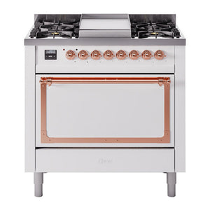 ILVE Nostalgie II 36-Inch Dual Fuel Range with 6 Sealed Burners + Griddle, 3.5 cu. ft. Oven, White with Copper Trim, Natural Gas, Solid Door, UN36FQNMPWHP