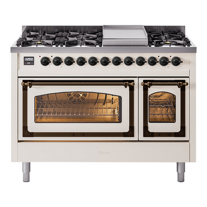 ILVE Nostalgie II 48-Inch Dual Fuel Range with 8 Sealed Burners + Griddle, 5.02 cu. ft. Oven, Antique White with Burnished Trim, Natural Gas, Triple Glass Door, UN48FNMPAWB