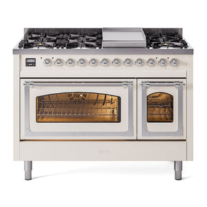 ILVE Nostalgie II 48-Inch Dual Fuel Range with 8 Sealed Burners + Griddle, 5.02 cu. ft. Oven, Antique White with Chrome Trim, Liquid Propane, Triple Glass Door, UN48FNMPAWCLP