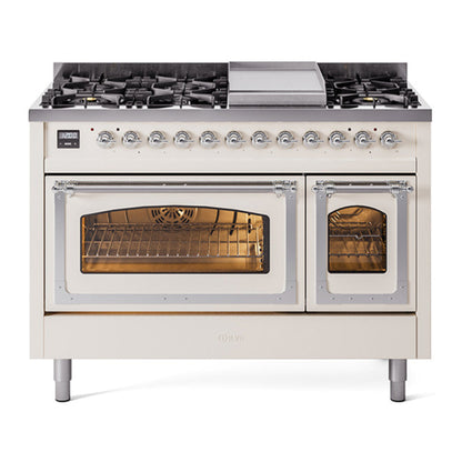 ILVE Nostalgie II 48-Inch Dual Fuel Range with 8 Sealed Burners + Griddle, 5.02 cu. ft. Oven, Antique White with Chrome Trim, Natural Gas, Triple Glass Door, UN48FNMPAWC