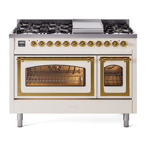 ILVE Nostalgie II 48-Inch Dual Fuel Range with 8 Sealed Burners + Griddle, 5.02 cu. ft. Oven, Antique White with Brass Trim, Liquid Propane, Triple Glass Door, UN48FNMPAWGLP