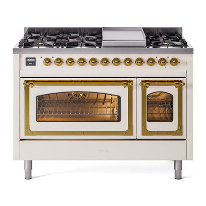 ILVE Nostalgie II 48-Inch Dual Fuel Range with 8 Sealed Burners + Griddle, 5.02 cu. ft. Oven, Antique White with Brass Trim, Liquid Propane, Triple Glass Door, UN48FNMPAWGLP