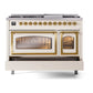 ILVE Nostalgie II 48-Inch Dual Fuel Range with 8 Sealed Burners + Griddle, 5.02 cu. ft. Oven, Antique White with Brass Trim, Natural Gas, Triple Glass Door, UN48FNMPAWG