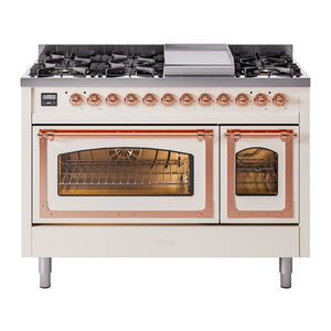 ILVE Nostalgie II 48-Inch Dual Fuel Range with 8 Sealed Burners + Griddle, 5.02 cu. ft. Oven, Antique White with Copper Trim, Natural Gas, Triple Glass Door, UN48FNMPAWP